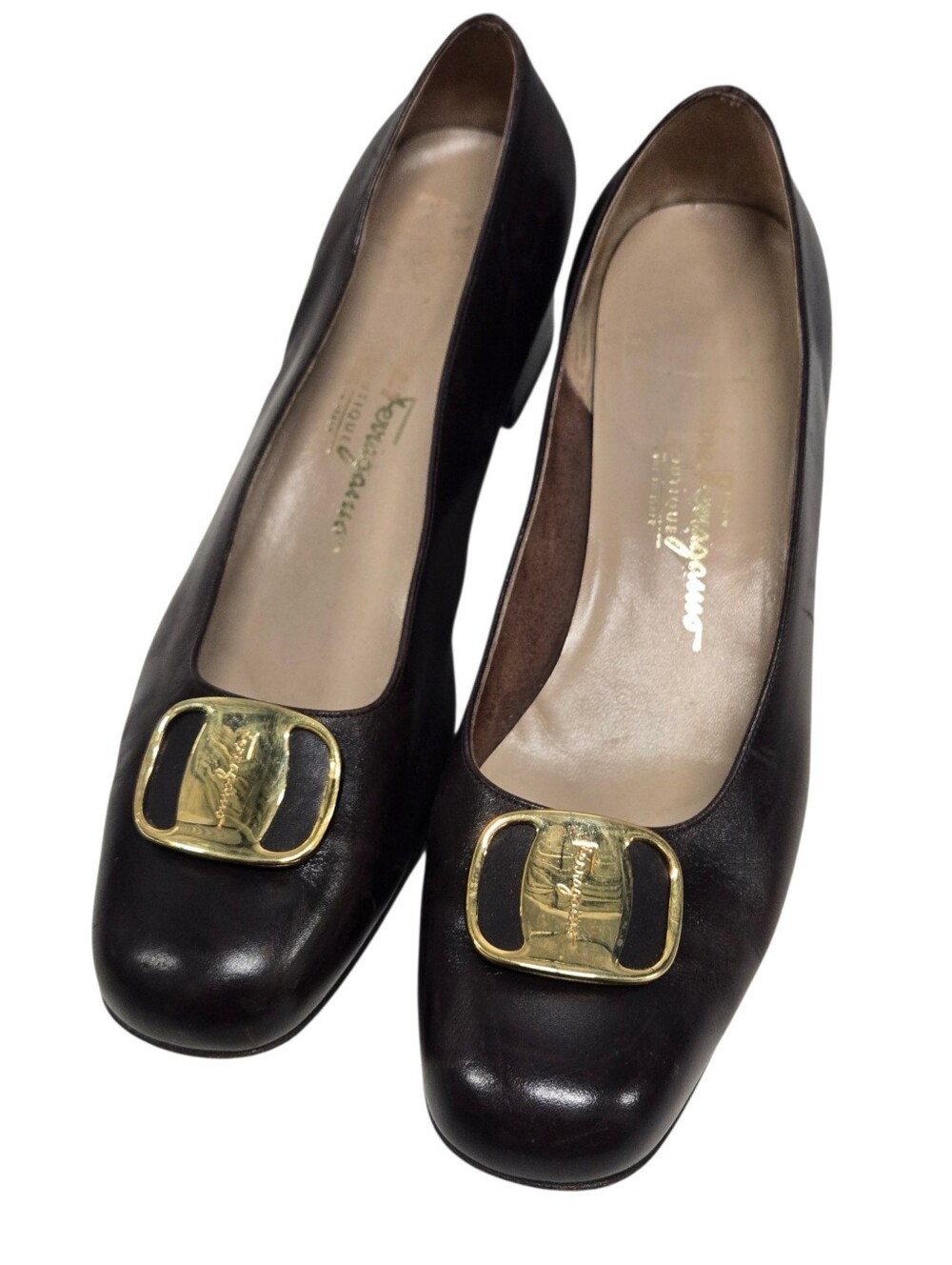 Ferragamo Vara Mid Heel Briwn Brown Leather Pumps SZ 9.5 C